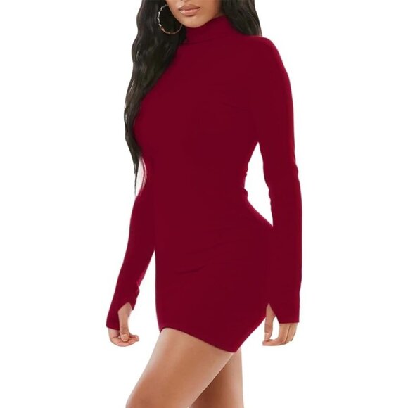 Women's Burgundy Mock Neck Cocktail Pencil Bodycon Long Sleeve Night Dresses - Picture 3 of 5